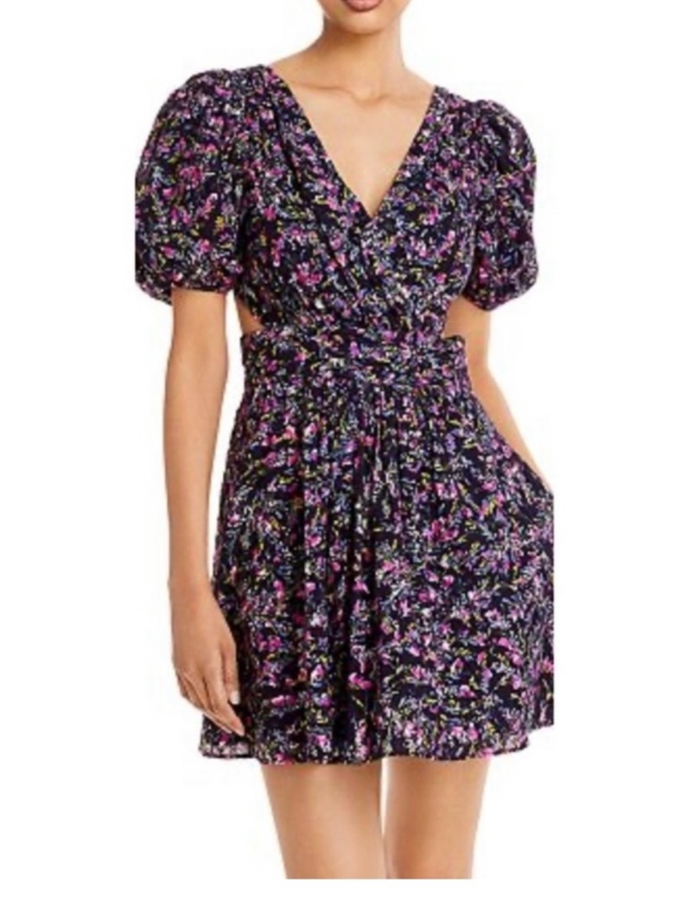French Connection Black Mini Dress with Pink Floral Print